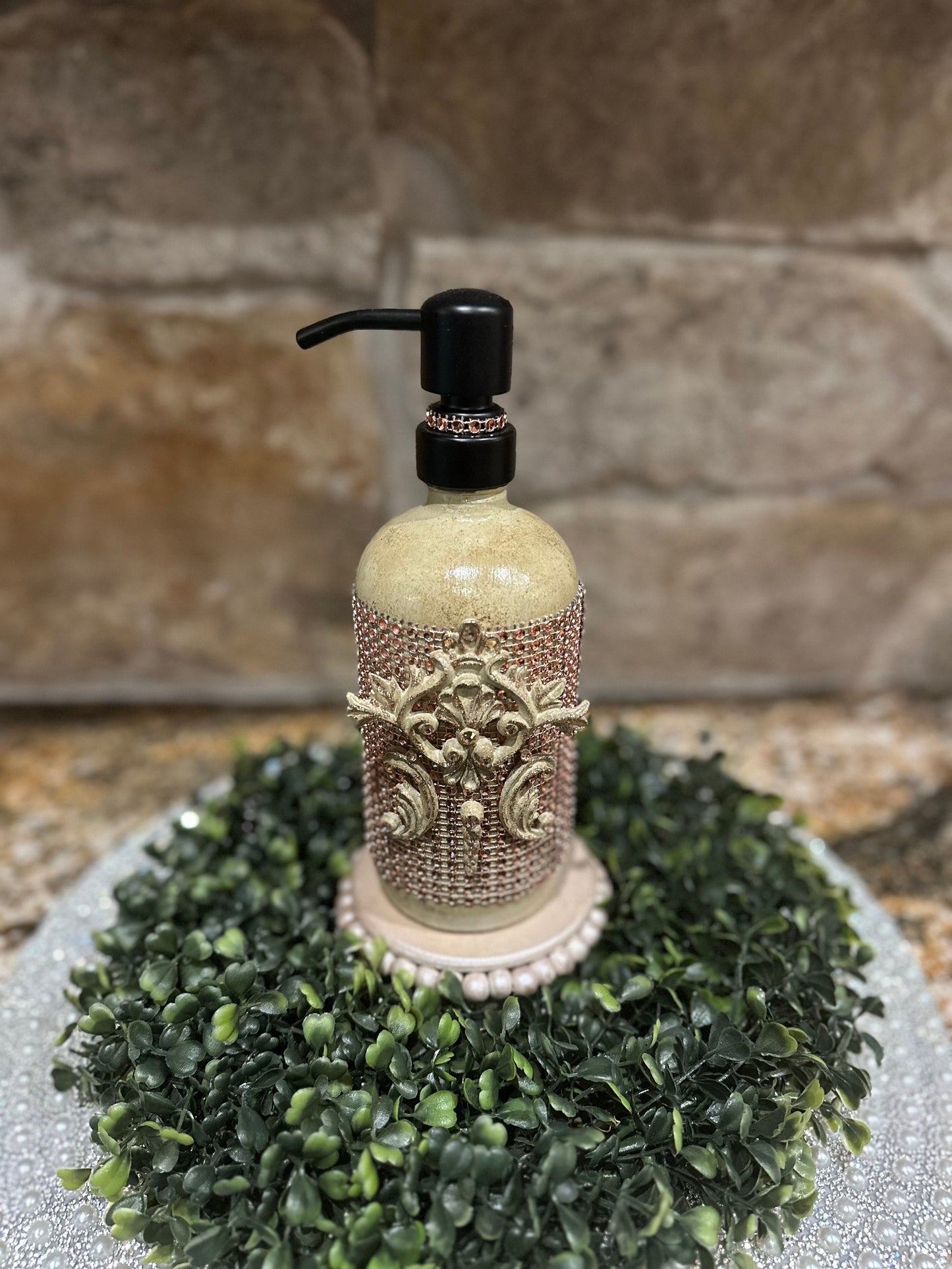 Baroque scroll soap dispenser, bathroom decor,  bday gift, hostess gift, old world decor, embellished  bottle decor, glass dispenser