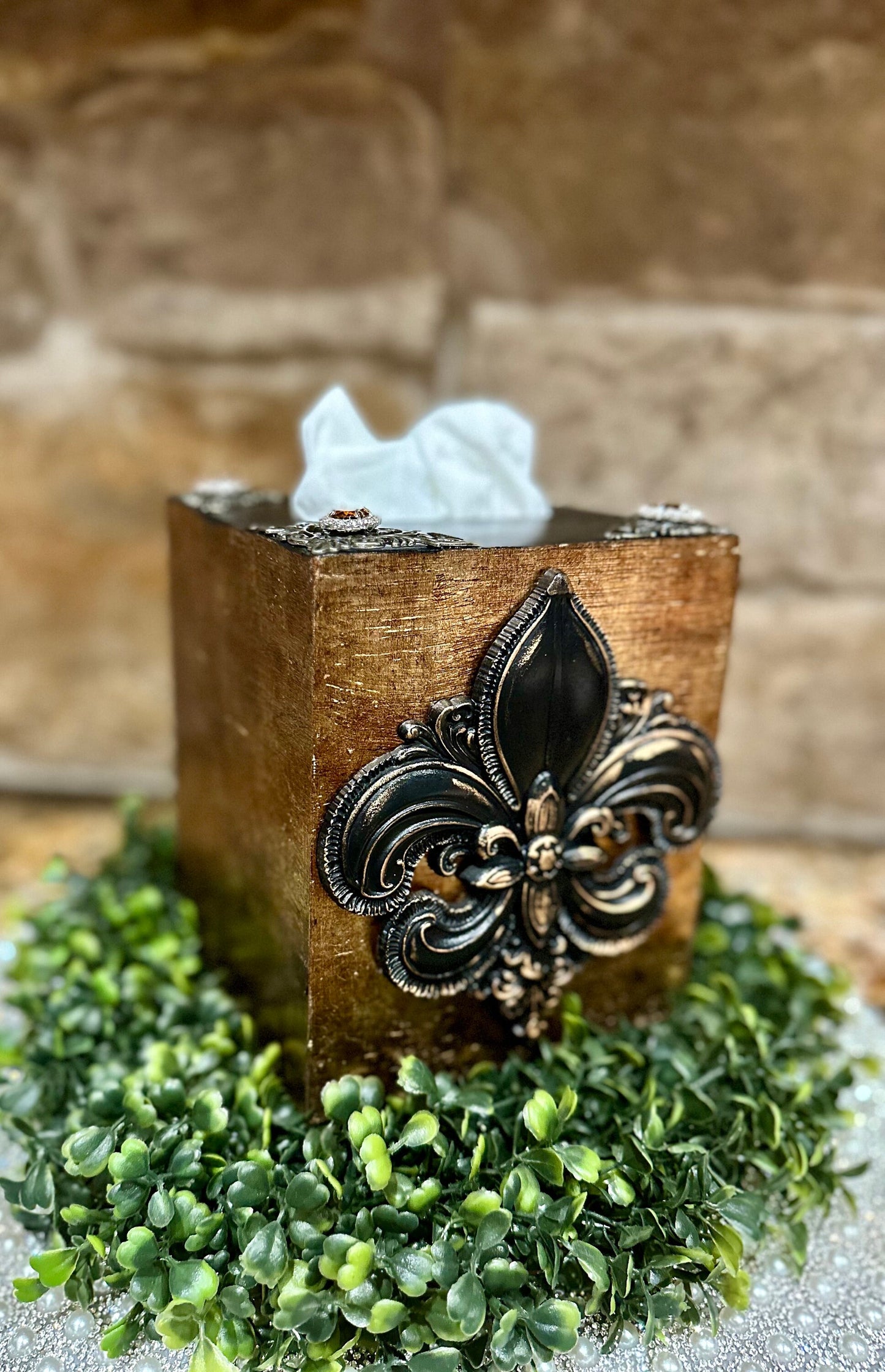 Tissue box, embellished tissue holder,  fleur de lis, bathroom decor, handmade, DIY, unique gift