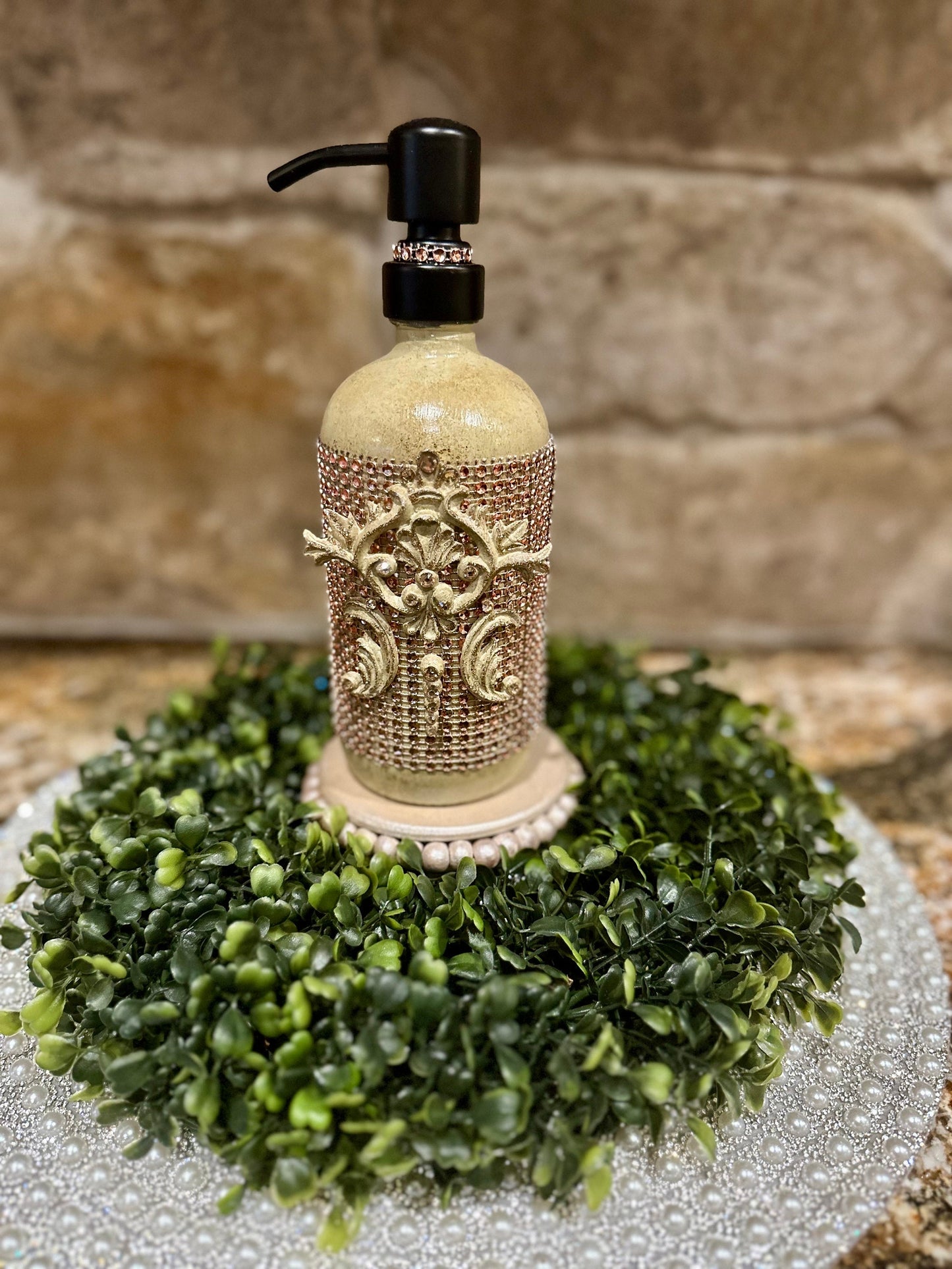 Baroque scroll soap dispenser, bathroom decor,  bday gift, hostess gift, old world decor, embellished  bottle decor, glass dispenser