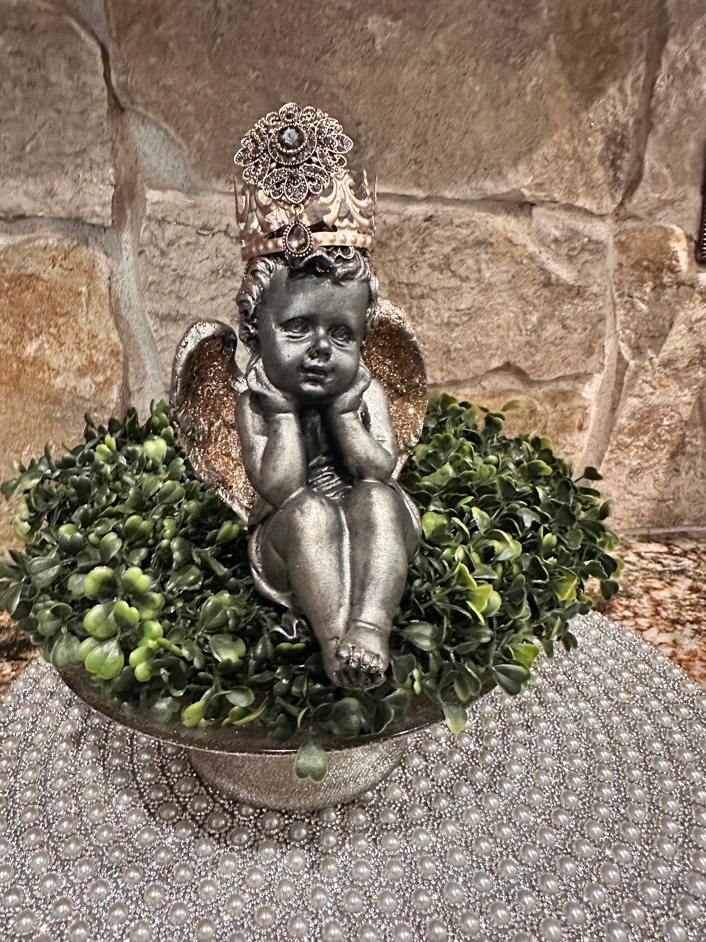 Sitting Angel, sitting Angel with wings, Decorative Angel, tabletop decor, embellished rhinestone wings, crowned angel, Angel with crown