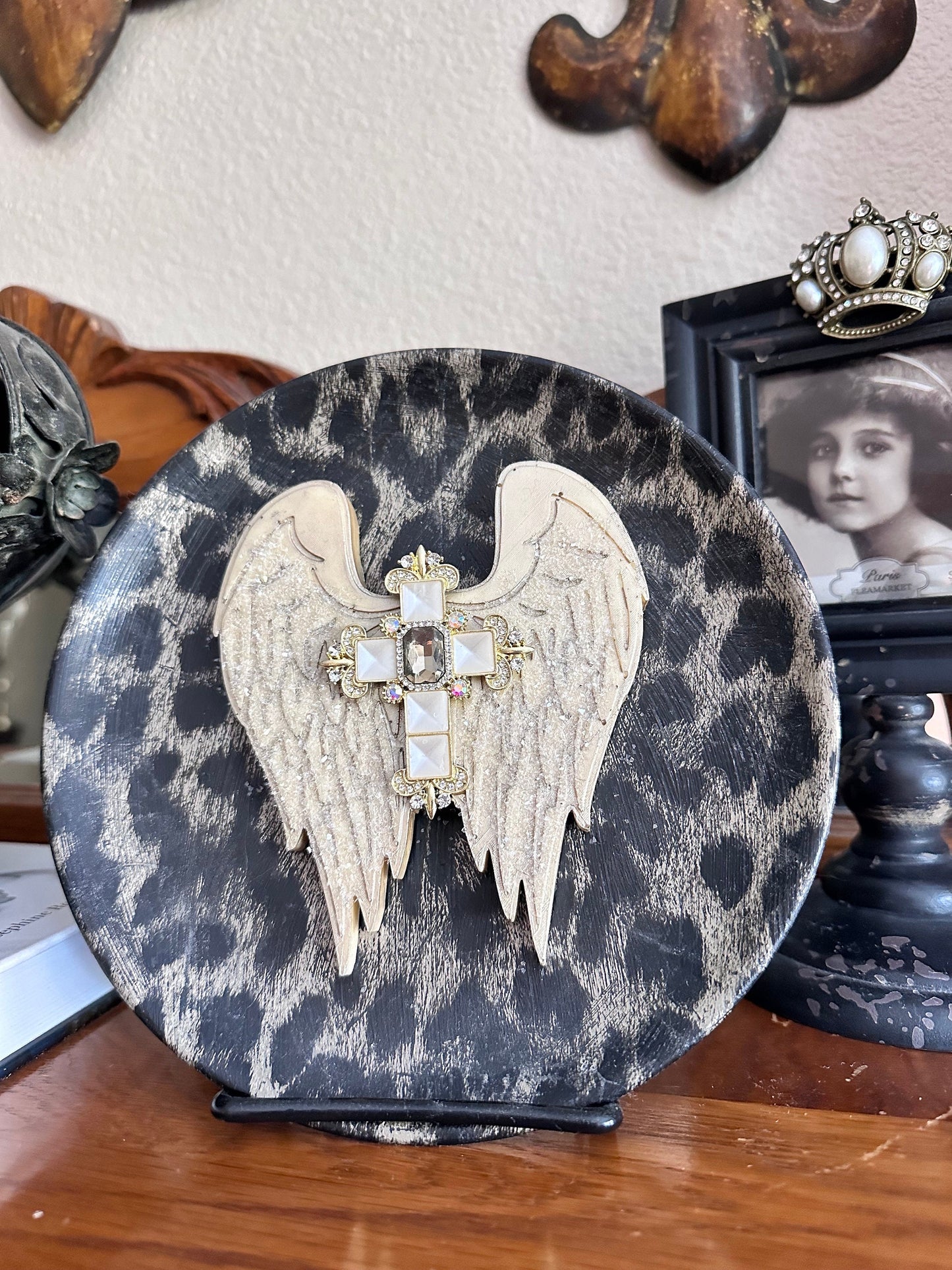 Decorative angel wing plate, embellished leopard gift, home decor, tabletop decor